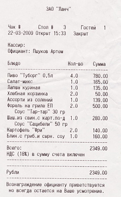 чек из кафе